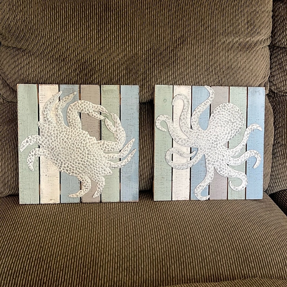 Nautical Crab and Octopus wood plank wall hangings
